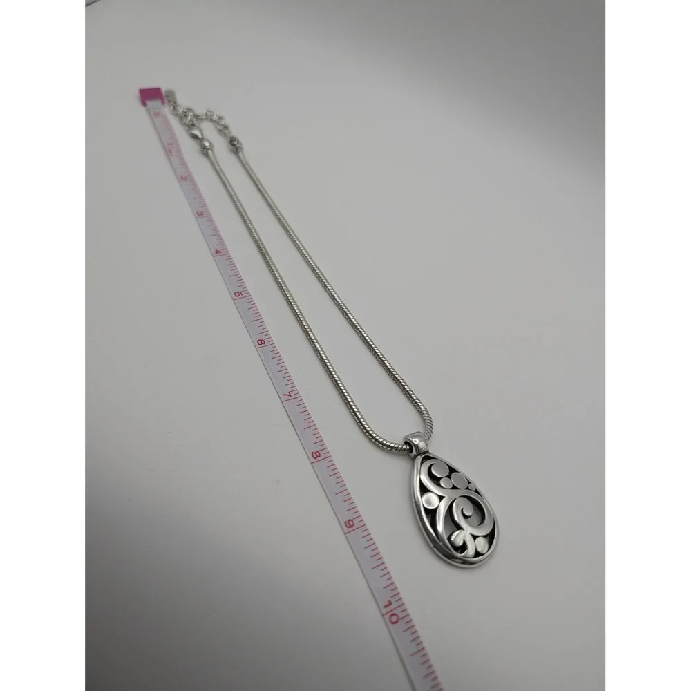 Brighton Silver Tone Teardrop Scroll Openwork Pendant Snake Chain Necklace